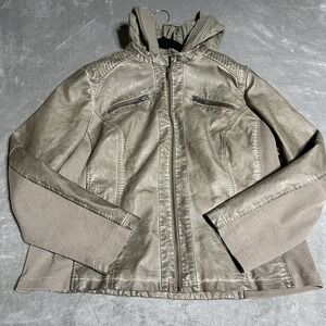 Sebby Collection Faux Leather Jacket Womens 1X‎ Hooded Full Zip Boho Grunge